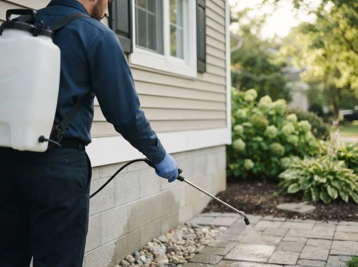 Pest control technician inspecting a home in Sprague, NE